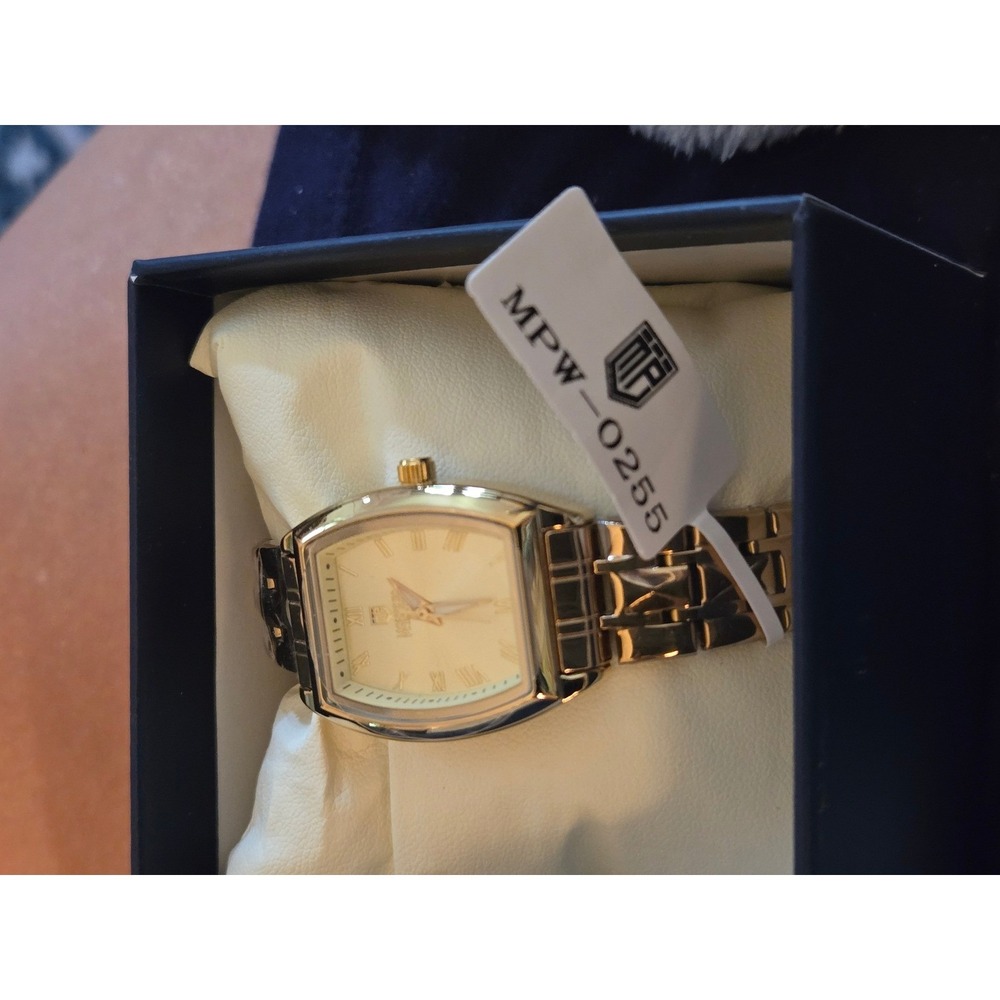 Montres Prestige MPW-0255 Womens Gold Tone Tonneau Roman Numeral Link Watch NEW
